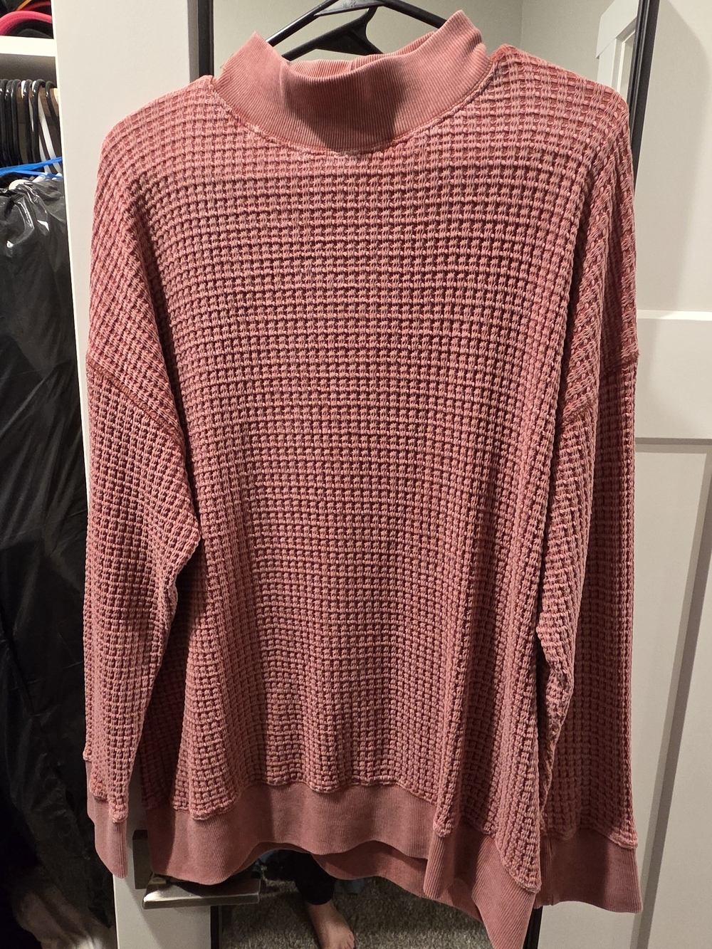 Waffle Knit Mock Neck Sweater - Faded Red
